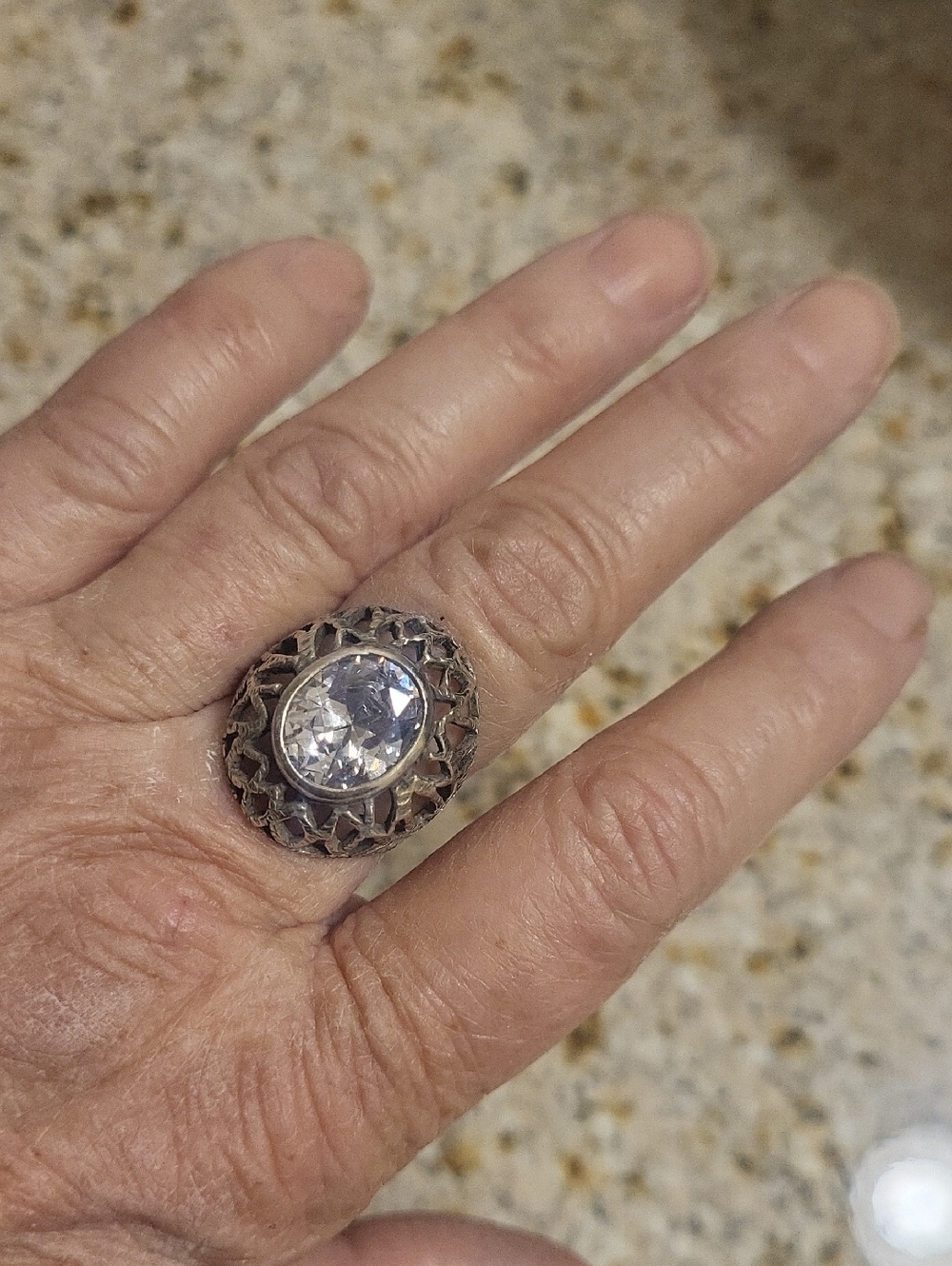Vintage-Style Silver Filigree Ring with Clear Oval Stone - Silver
